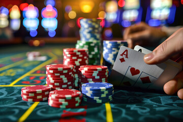 Friends gambling poker roulette in casino - obrazy, fototapety, plakaty