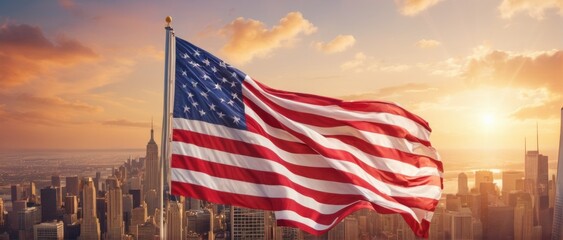 Flying American flag on sunrise sky megapolis background