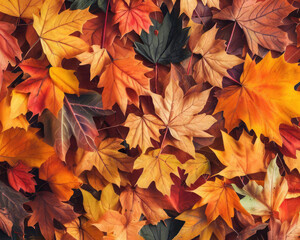 Naklejka na ściany i meble Autumn maple tree leaves full frame arrangement with many colorful leaves