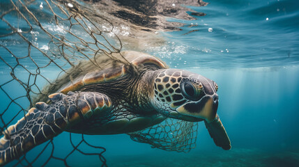 green sea turtle trapped inside fishing net while swimming in the polluted water in ocean illustration