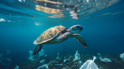 green sea turtle swimming in the polluted ocean surrounded with plastic and trash waste in the water environment illustration 