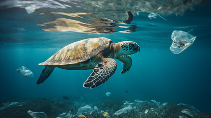 Obraz premium green sea turtle swimming in the polluted ocean surrounded with plastic and trash waste in the water environment illustration 