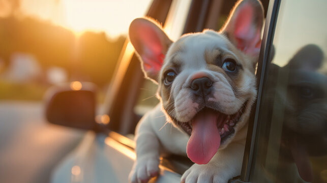 Photo of Cute french Bulldog Looking Out of an Open Car Window