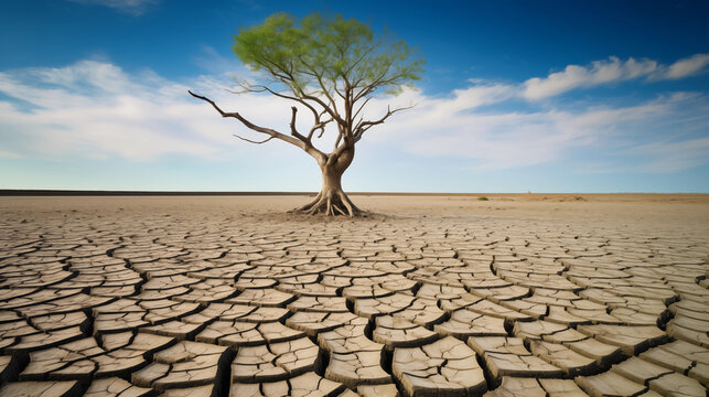 one tree in the middle of cracked drought desert land with blue sky background climate crisis Environment illustration 