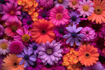 Vibrant floral background featuring a full frame of closely-packed, multicolored daisy flowers, suitable for spring-themed designs with ample copy space