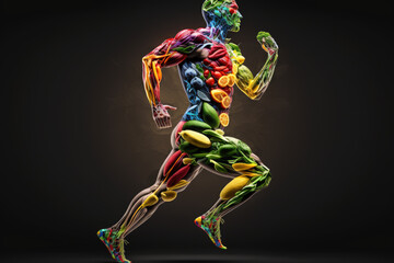 Human body running made of variety of colorful vegetables