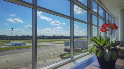 Fototapeta na wymiar Large windows offer a stunning view of the runway providing excitement and anticipation for travelers as they watch planes take off and land.