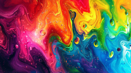 Molten Rainbow Chaos A chaotic and wild swirl of vibrant colors as blobs of liquid in every hue mix and merge to create a psychedelic and unpredictable abstract landscape.