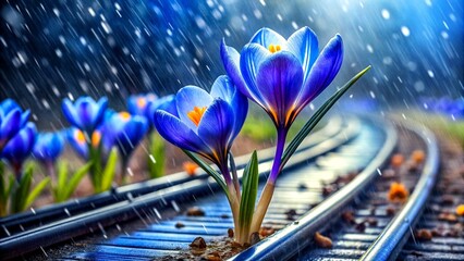 Spring Flowers Blue Crocuses in Drops of Water