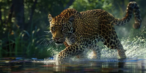 Tuinposter a leopard runs on water in jungle. Dangerous animal © Kien
