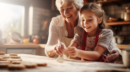 Joyful Grandmother and Grandchild Sharing a Baking Moment in a Cozy Kitchen. Family Bonding and Tradition