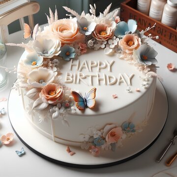Beautiful Happy Birthday cake images, Birthday cake recipes, Birthday cake ideas, vanilla cake, adorned with flowers and vanilla lyres, birthday cake designs