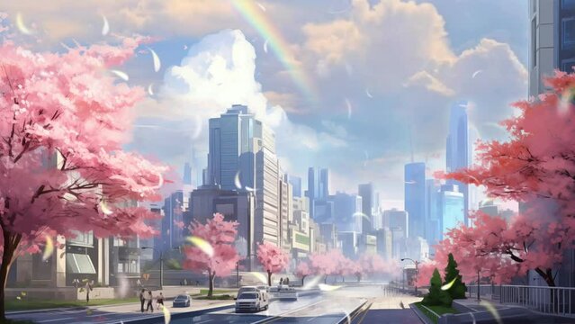 Spring city landscape with sakura tree on anime cartoon style. Seamless 4k loop animation background