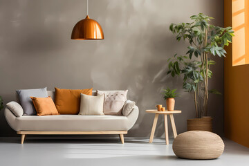 a couch, lamp and table at home in a gray room with plants