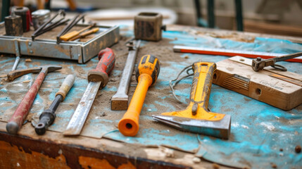 Clamps chisels and levels lay tered on a tarp tools of the trade ready for action as a DIY enthusiast prepares to tackle a bathroom remodel.