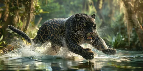 Zelfklevend Fotobehang a black panther runs on water in jungle. Dangerous animal © Kien
