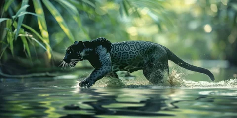 Tuinposter a black panther runs on water in jungle. Dangerous animal © Kien