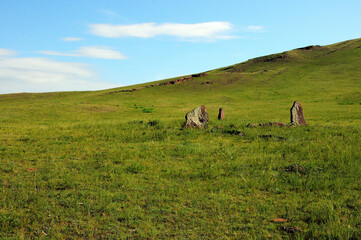 A group of ancient stone slabs on a hillside overgrown with grass on a warm summer day.