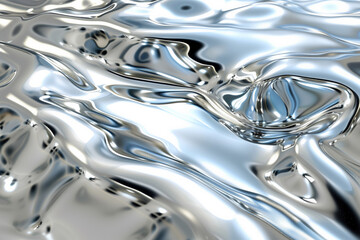 Abstract liquid metal texture with reflective silver waves, ideal for background with space for...