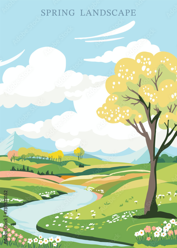 Poster spring landscape background with mountain and tree editable vector illustration for postcard,a4 vert