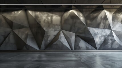 Abstract Dark Concrete 3D Interior with Polygonal Shapes

