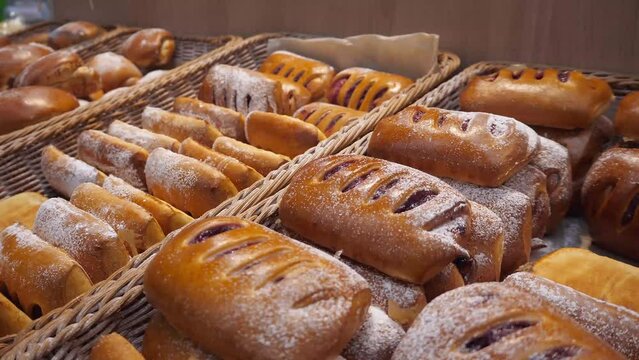 Fresh buns or pastries with filling on the counter