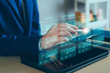 Project plan and manage concept. Project manager update tasks and milestones progress plan schedule...