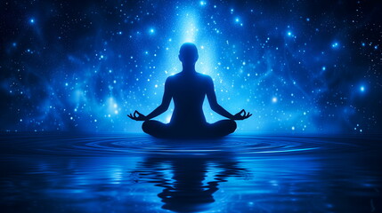 Silhouette of a person meditating in lotus position against a cosmic starry background.