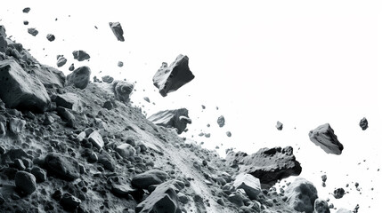 Dramatic monochrome asteroid field with dynamic floating rocks, useful as a space-themed background with copy space