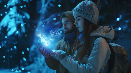 Two travelers with backpacks are holding smartphones and searching a map with a virtual hologram map in front of them. Blurred winter mountain view at night as a background. - obrazy, fototapety, plakaty