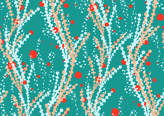 Tropical summer seamless pattern with hand drawn interwined seaweed botanical elements. Vector illustration in pantone peach fuzz, blazing orange, apricot crush, baltic colors