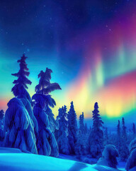 Snowcapped trees under the beautiful night sky with colorful aurora borealis - obrazy, fototapety, plakaty