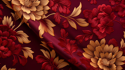Opulent Elegance: A Baroque Floral background Pattern in Rich Burgundy and Gold - obrazy, fototapety, plakaty