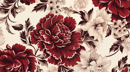 Baroque Bloom: A Floral background Pattern Inspired by the Baroque Era, Radiating in Deep Crimson and Ivory - obrazy, fototapety, plakaty
