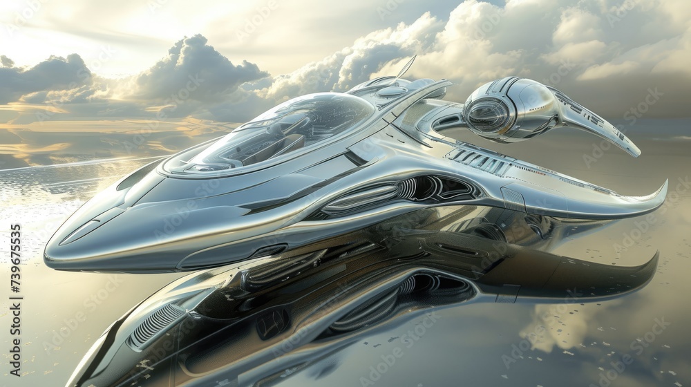 Poster a futuristic spacecraft depicted with intricate 3d design.