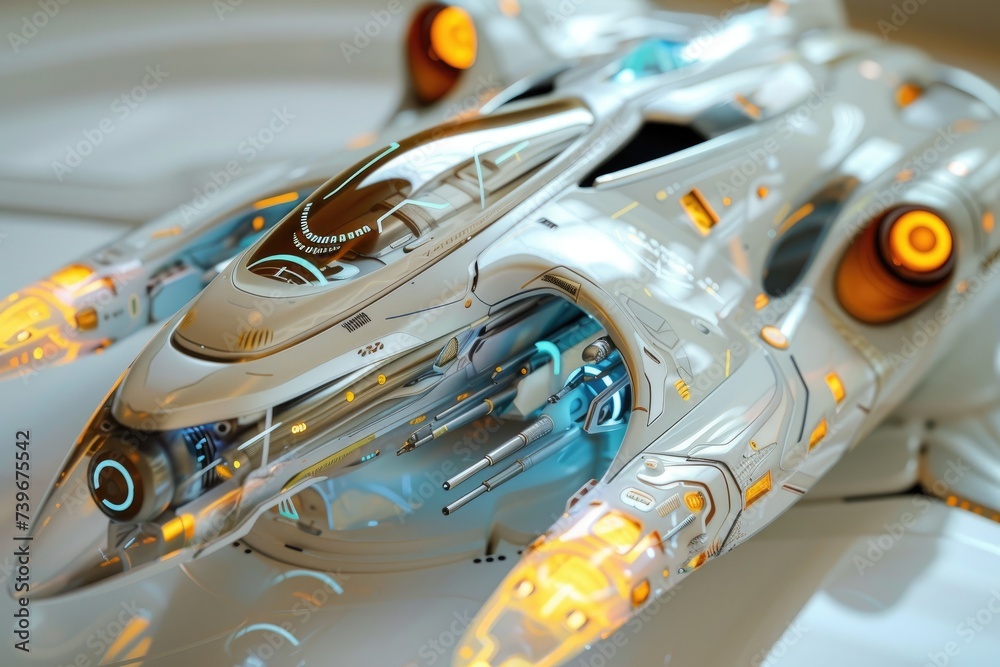 Poster spacecraft depicted with intricate 3d design.
