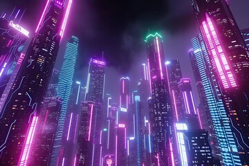 City lit by neon lights and filled with skyscrapers