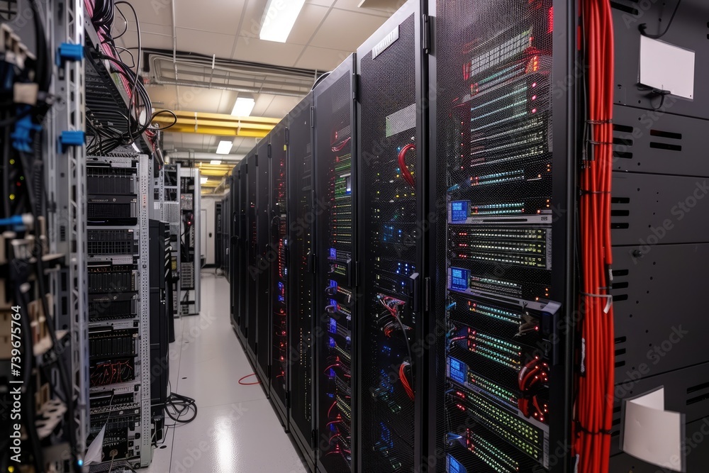 Poster technology server room with rows of computers