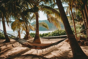 Hammock stretched under the shade of palm trees