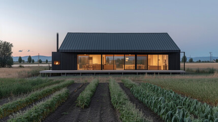 Nestled a fields of wheat and rows of vegetables this minimalist homestead stands out as a peaceful retreat. The sleek functional design of the farmhouse is mirrored in the - obrazy, fototapety, plakaty