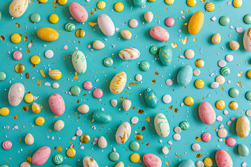 colorful easter candy on turquoise background with to
