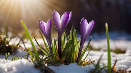 spring crocus flowers in snow covered field 