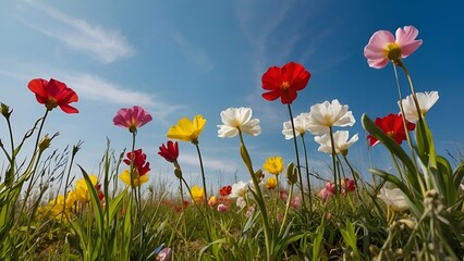 Spring flowers in the field with blue sky background