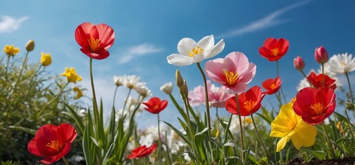 White, red and yellow flowers in a garden, spring season floral background.
