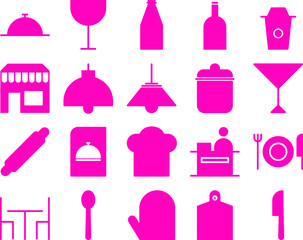 collection of pink color restaurant theme icons in glyph style
