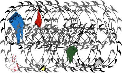 Artsy Border Control Barb Wire With Torn Clothes