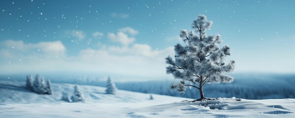 Fototapeta na wymiar Small Pine Tree on Snow with Empty Copy Space Banner. Generative AI