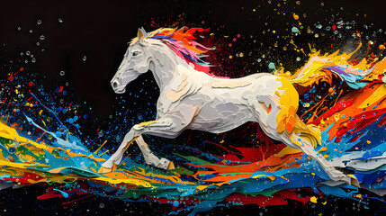 Obraz na płótnie Canvas Paper Cut White Horse Riding With Colorful Splashes On Black Background, Generative Ai