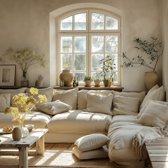 Fototapeta premium Rustic interior design with sofa, home plant and home decor . Interior mockup. Generative AI