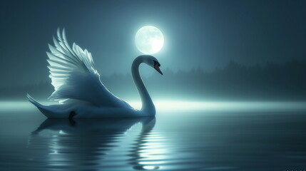 A serene swan glides gracefully across a moonlit lake, with the full moon reflecting in the still waters.